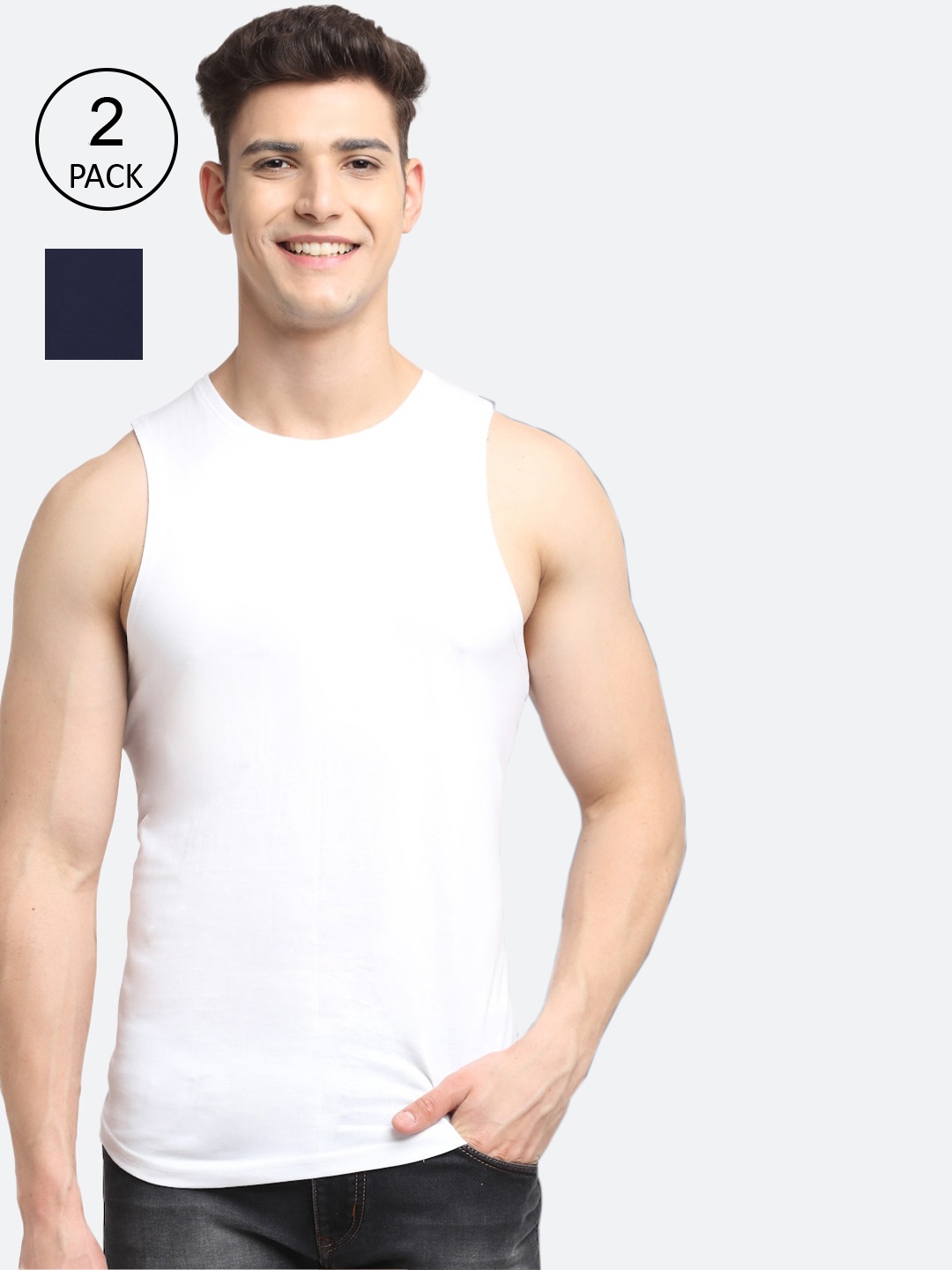 

Friskers Men Pack Of 2 Solid Pure Cotton Apple Cut Innerwear Vests, White