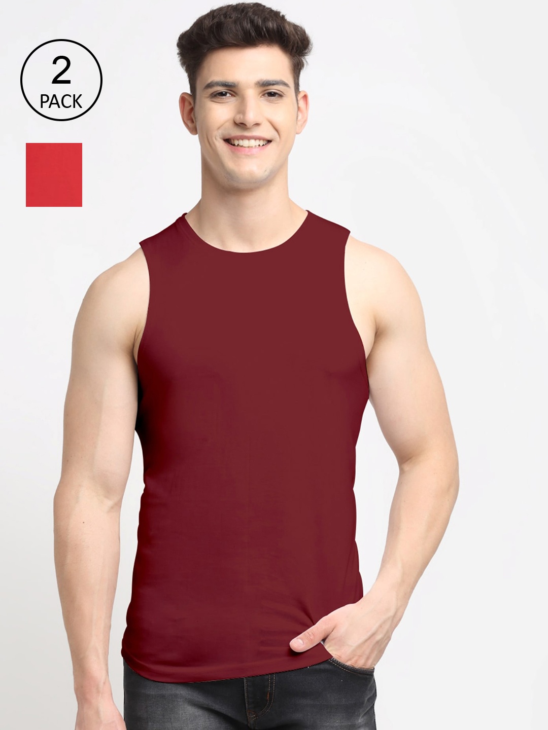 

Friskers Pack Of 2 Men Solid Pure Cotton Innerwear Vests, Red
