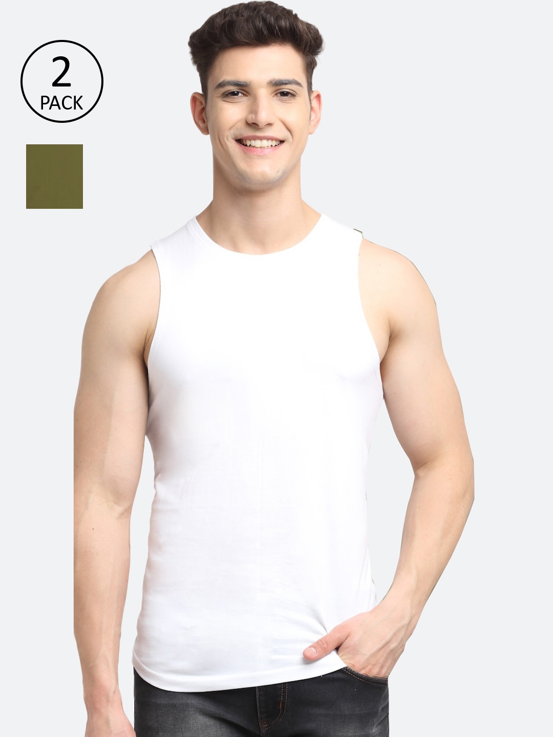 

Friskers Men Pack Of 2 Solid Pure Cotton Apple Cut Innerwear Vests, White