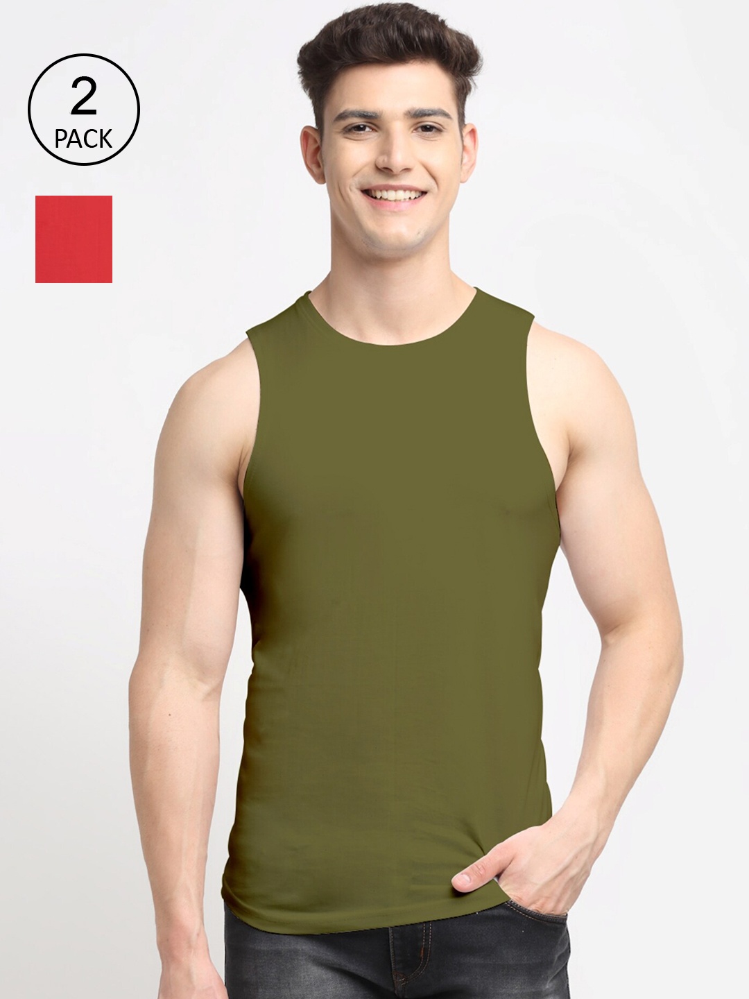

Friskers Men Pack Of 2 Solid Pure Cotton Apple Cut Innerwear Vests, Red