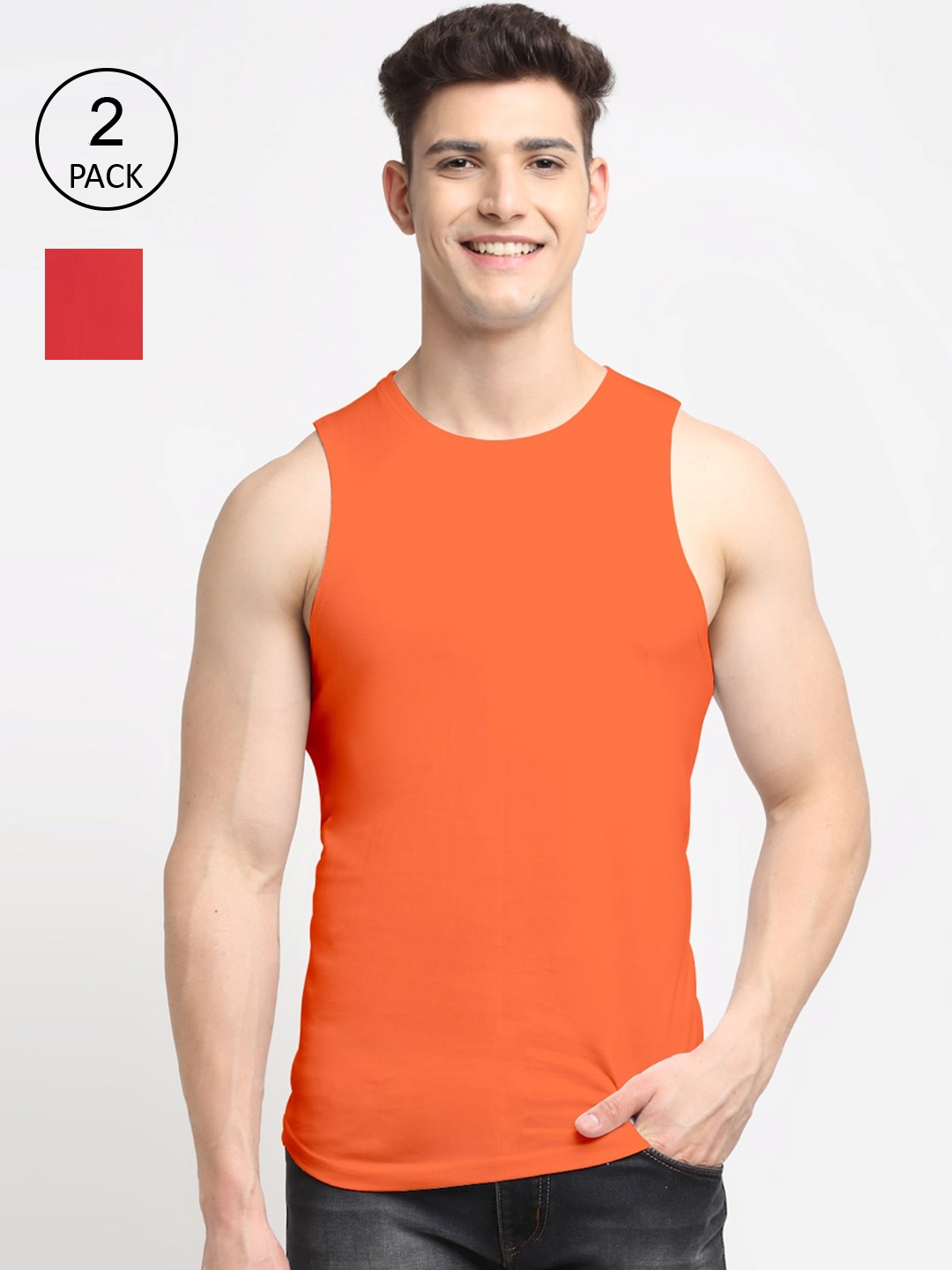 

Friskers Men Pack Of 2 Solid Pure Cotton Apple Cut Innerwear Vests, Red