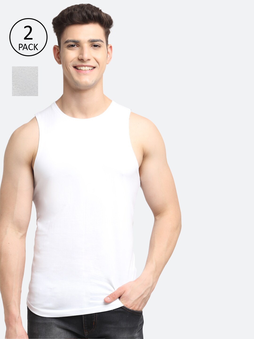 

Friskers Men Pack Of 2 White & Grey Solid Innerwear Vests