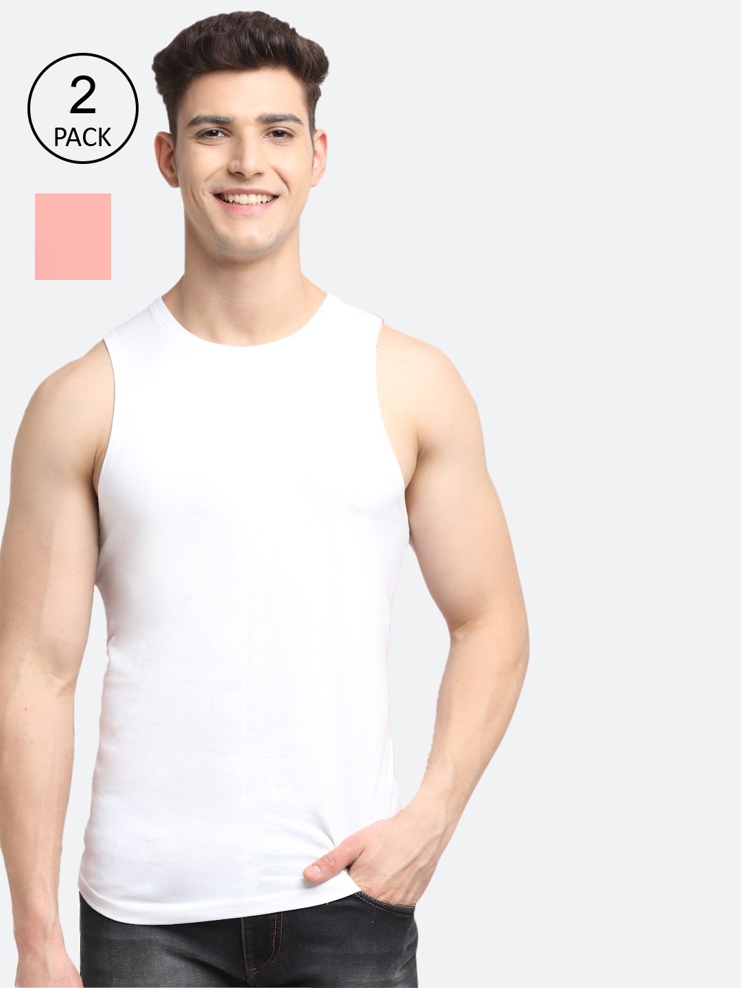 

Friskers Men Pack Of 2 Solid Pure Cotton Gym Vests, White