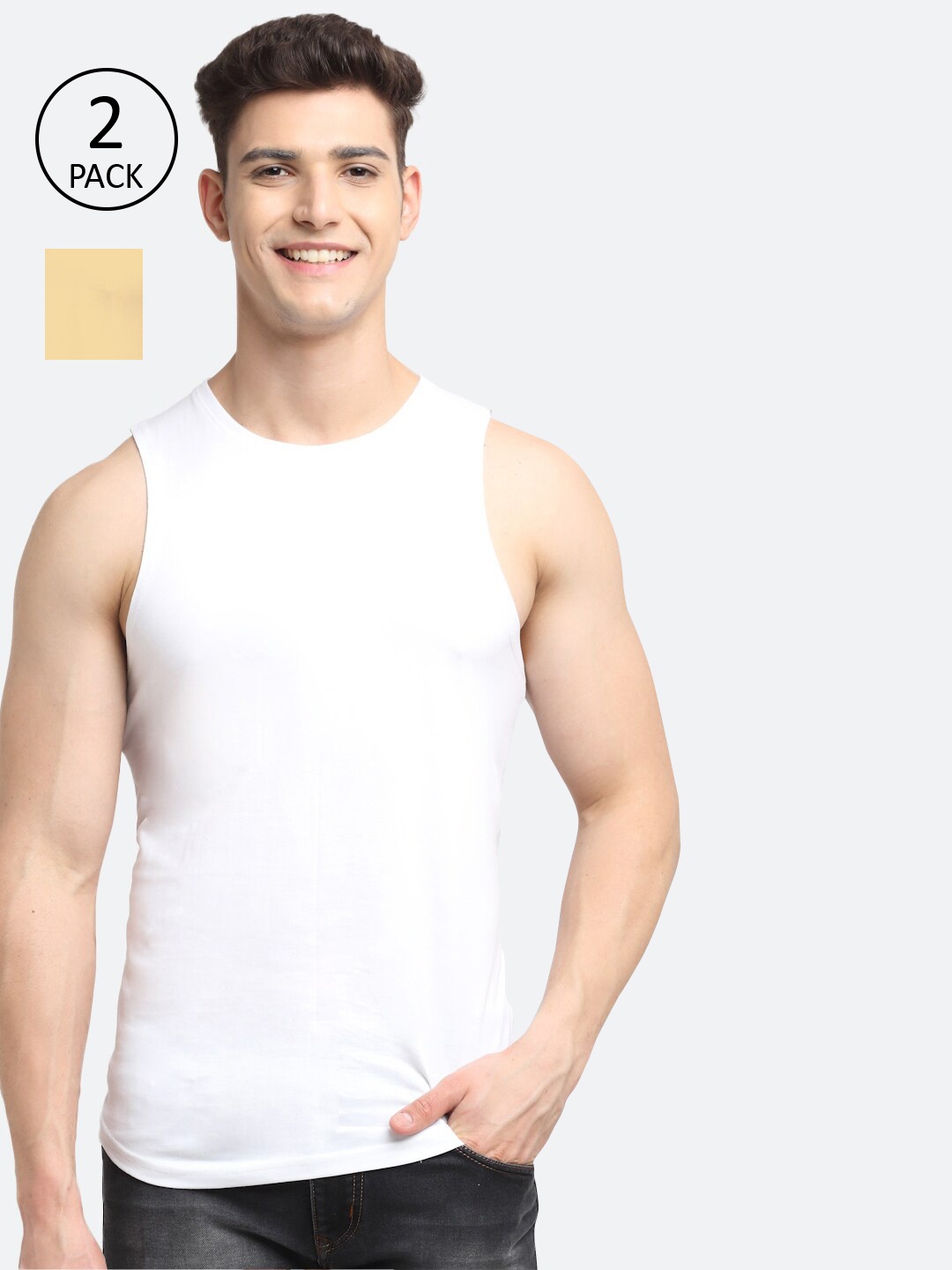 

Friskers Men Pack Of 2 Solid Pure Cotton Apple Cut Innerwear Vests, White