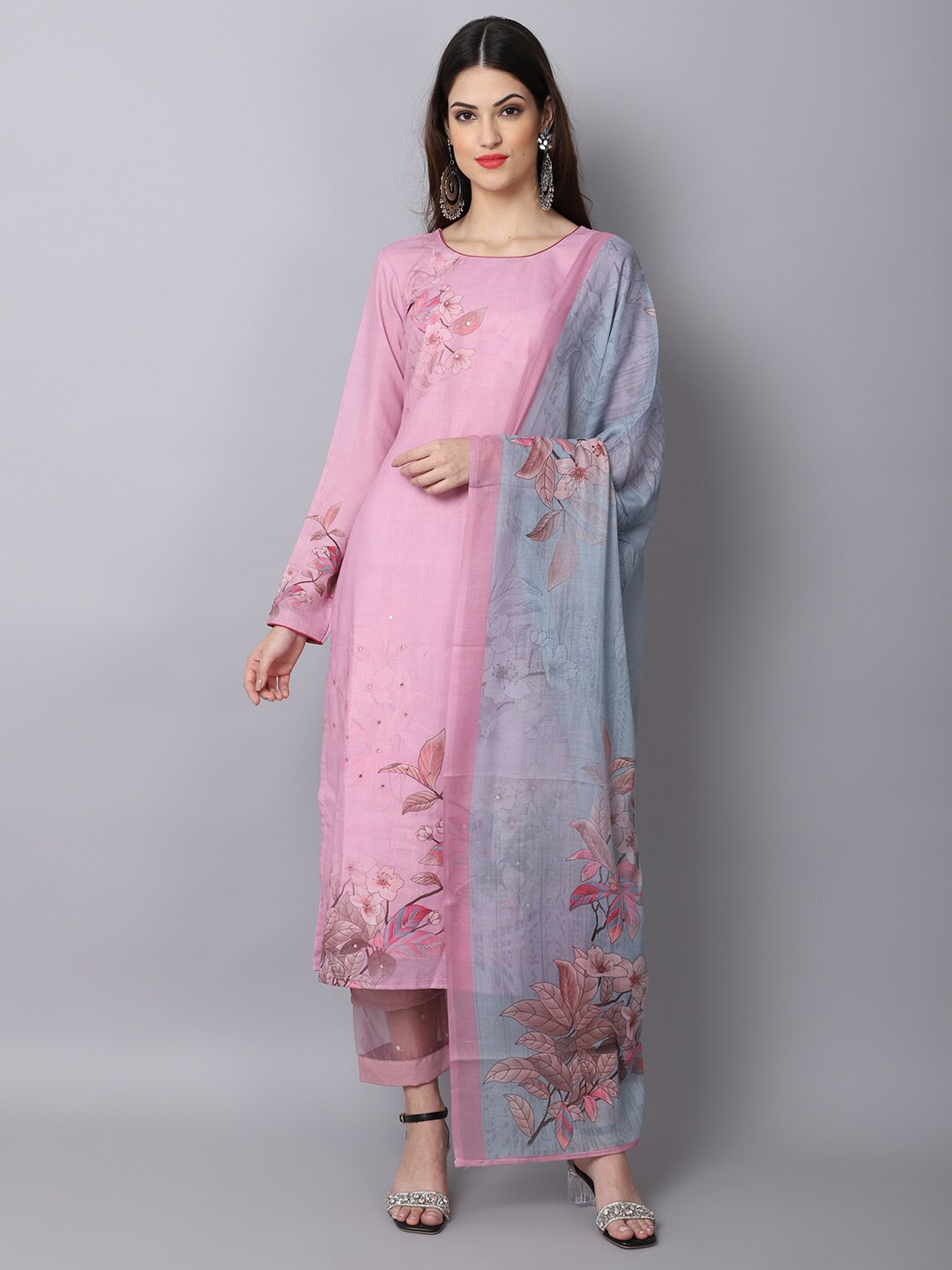 

Stylee LIFESTYLE Pink & Grey Pure Cotton Unstitched Dress Material