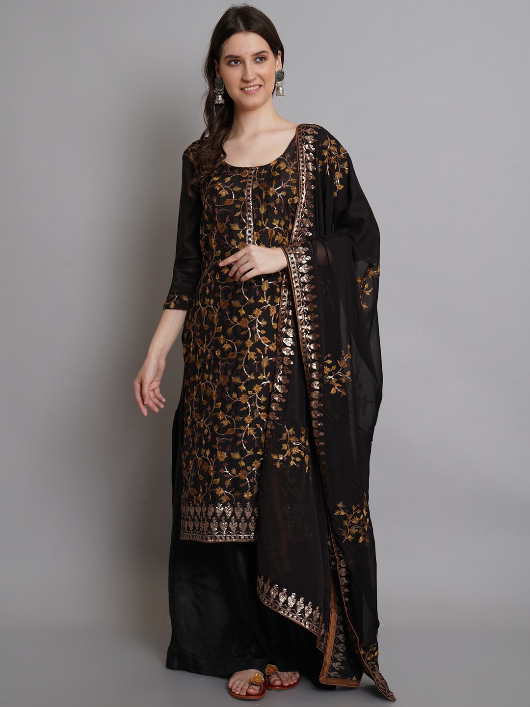 

Stylee LIFESTYLE Black & Gold-Toned Pure Silk Unstitched Dress Material