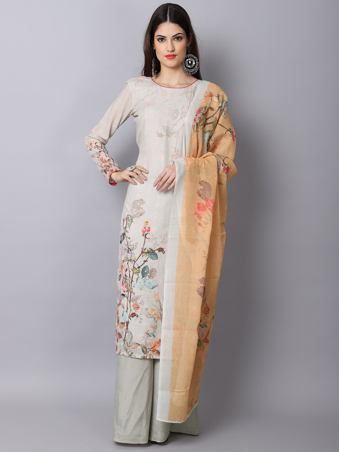 

Stylee LIFESTYLE Beige & Grey Pure Cotton Unstitched Dress Material