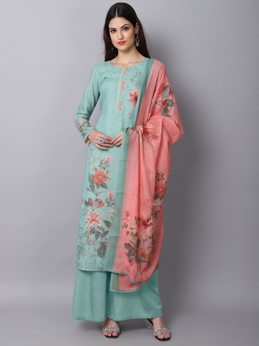 

Stylee LIFESTYLE Green & Pink Pure Cotton Unstitched Dress Material