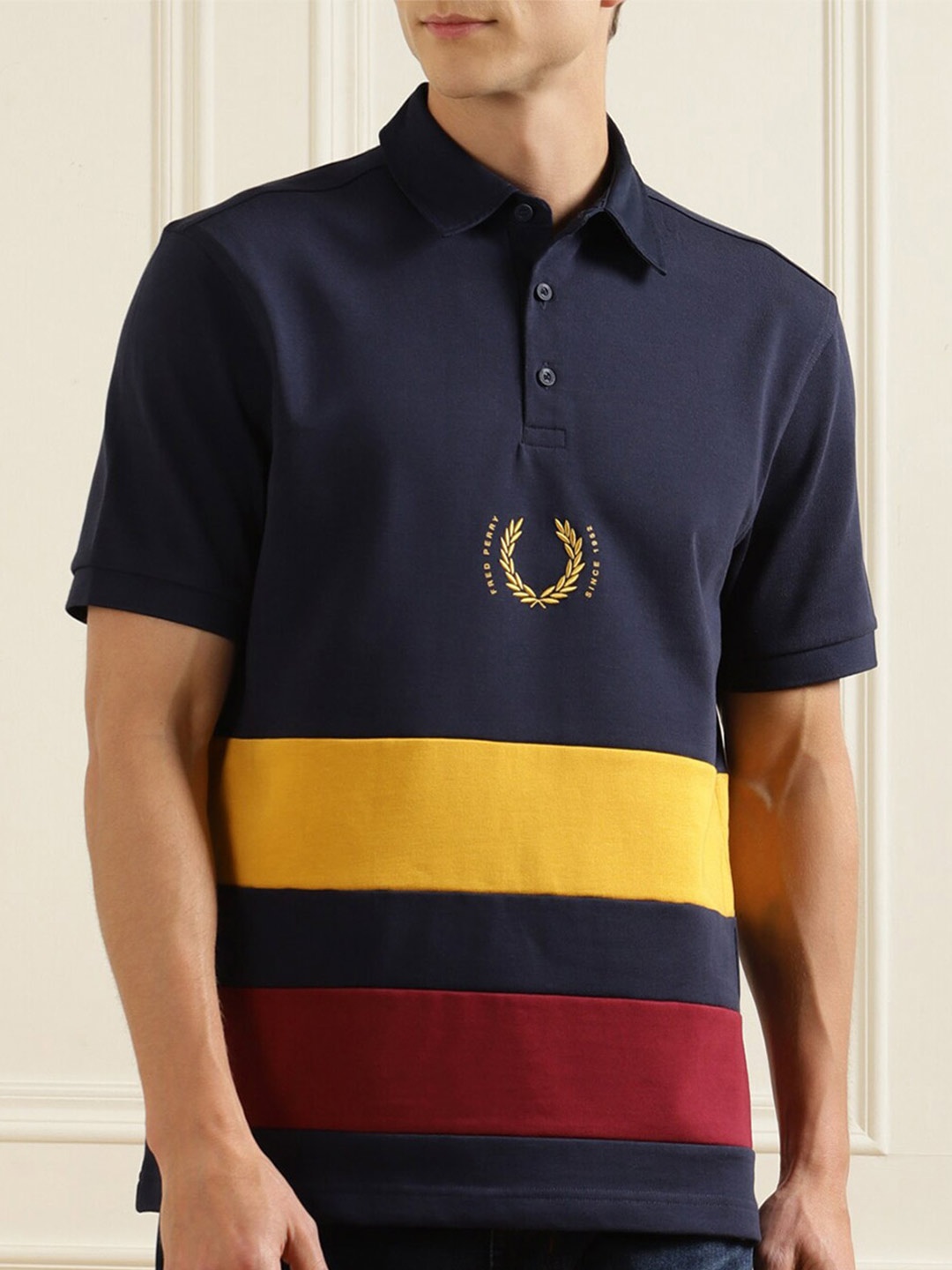 

Fred Perry Men Blue Striped Polo Collar Applique T-shirt