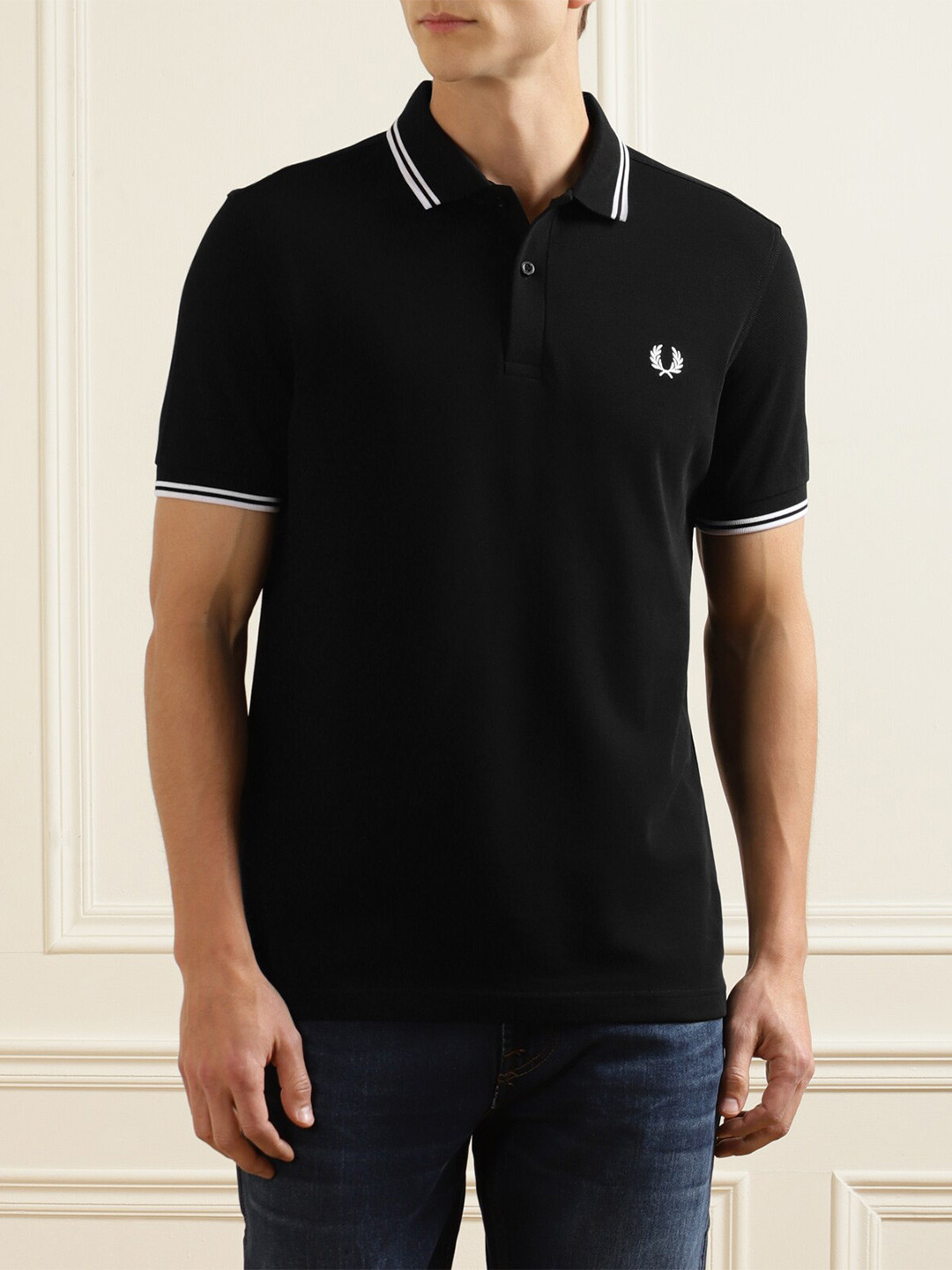 

Fred Perry Men Black Polo Collar Applique T-shirt