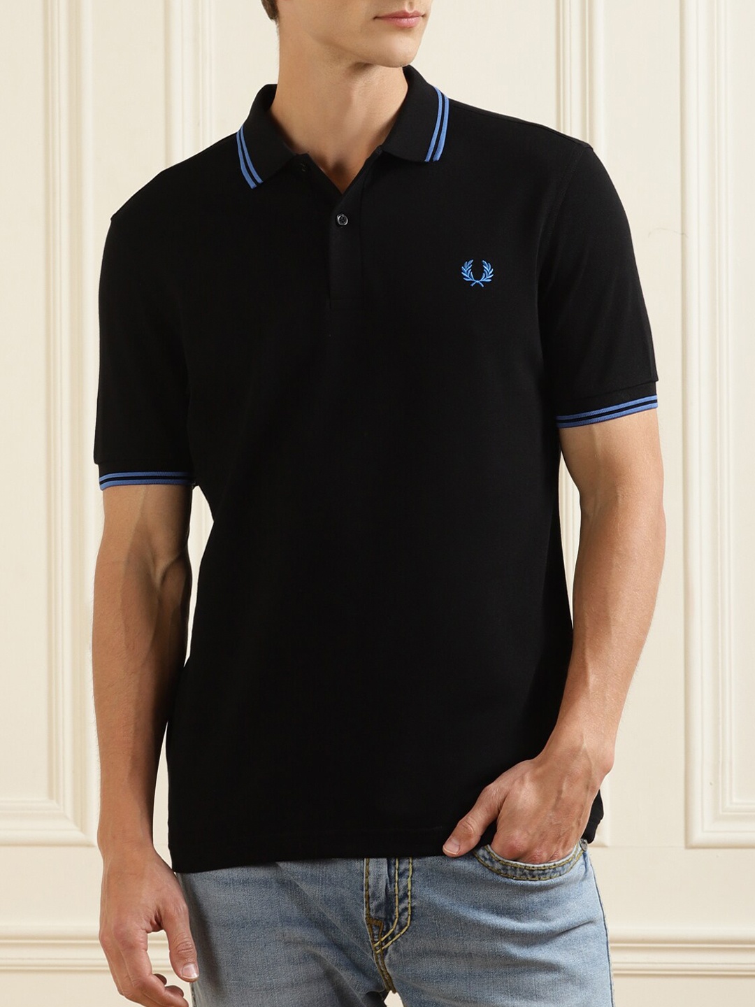 

Fred Perry Men Black Polo Collar Applique T-shirt