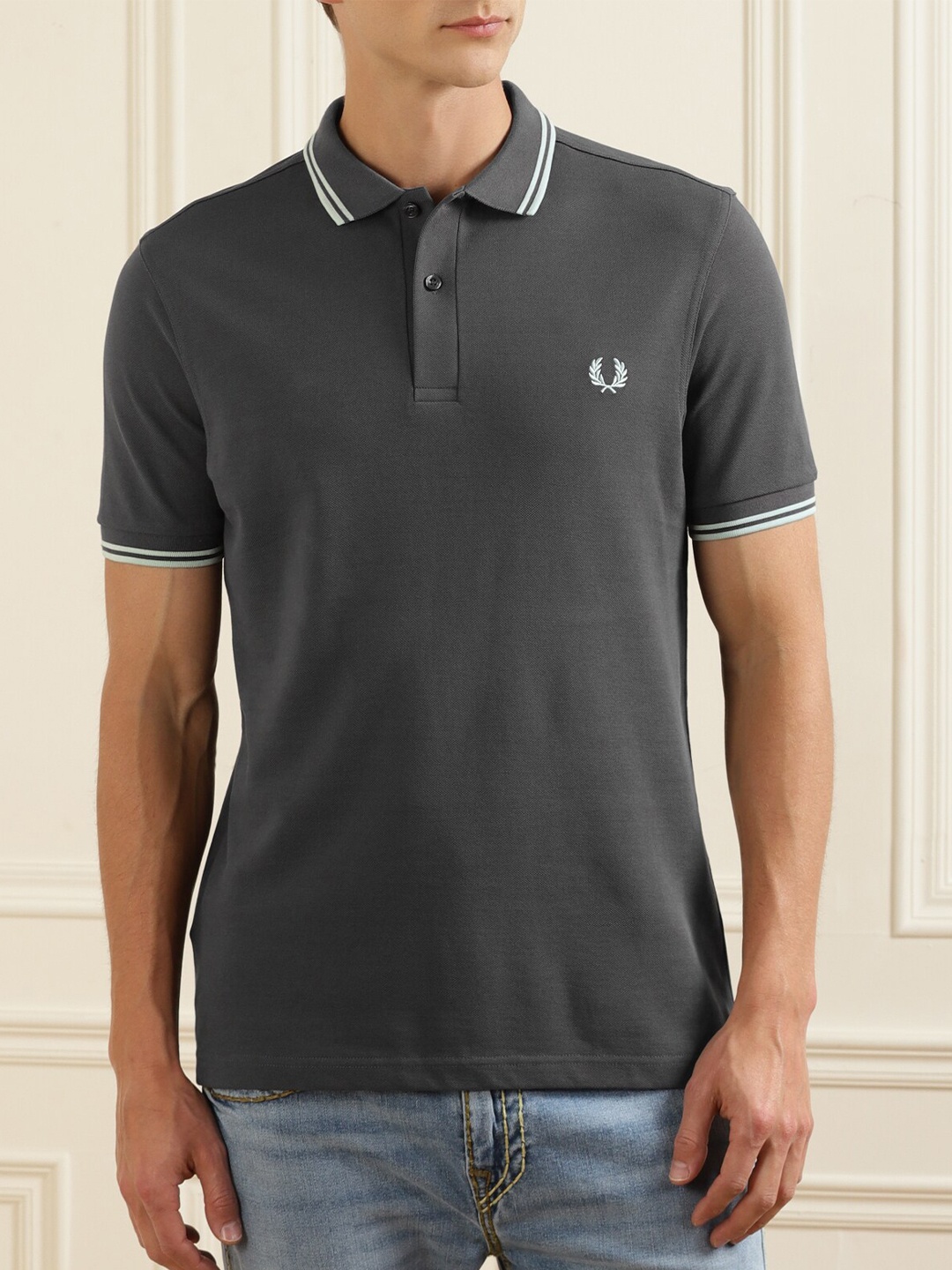 

Fred Perry Men Grey Polo Collar Applique T-shirt