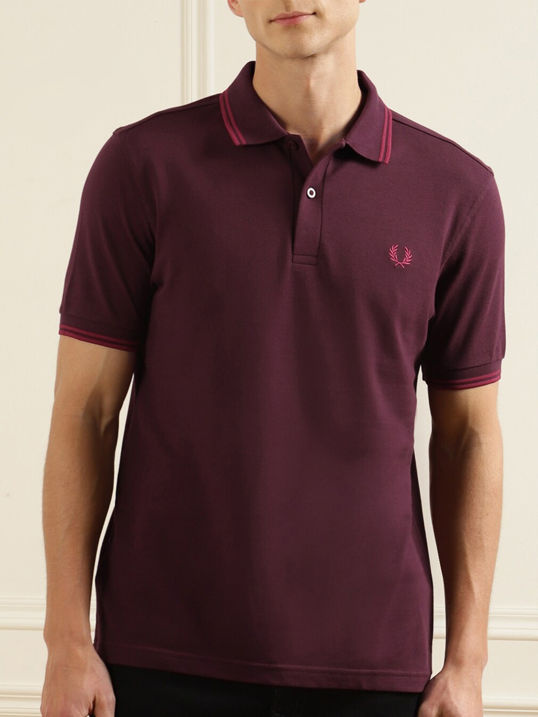 

Fred Perry Men Red Polo Collar Applique T-shirt