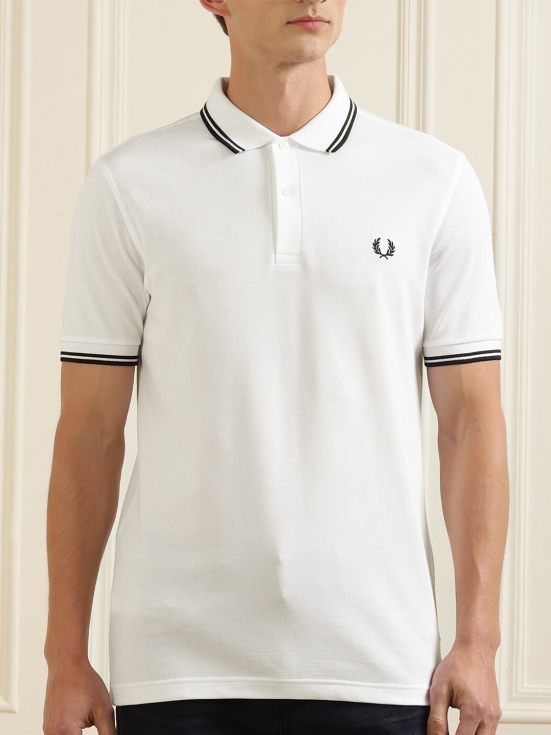 

Fred Perry Men White Polo Collar Applique T-shirt