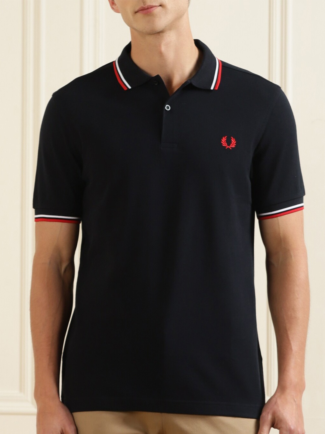 

Fred Perry Men Navy Blue Polo Collar Applique T-shirt