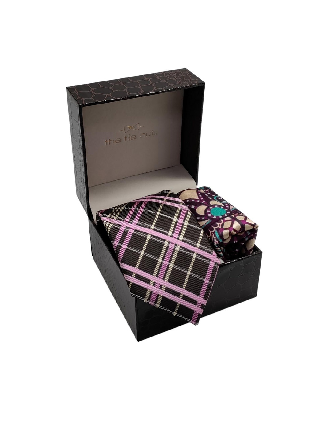 

The Tie Hub Men Brown & Pink Checked Neck Tie With Pocket Square
