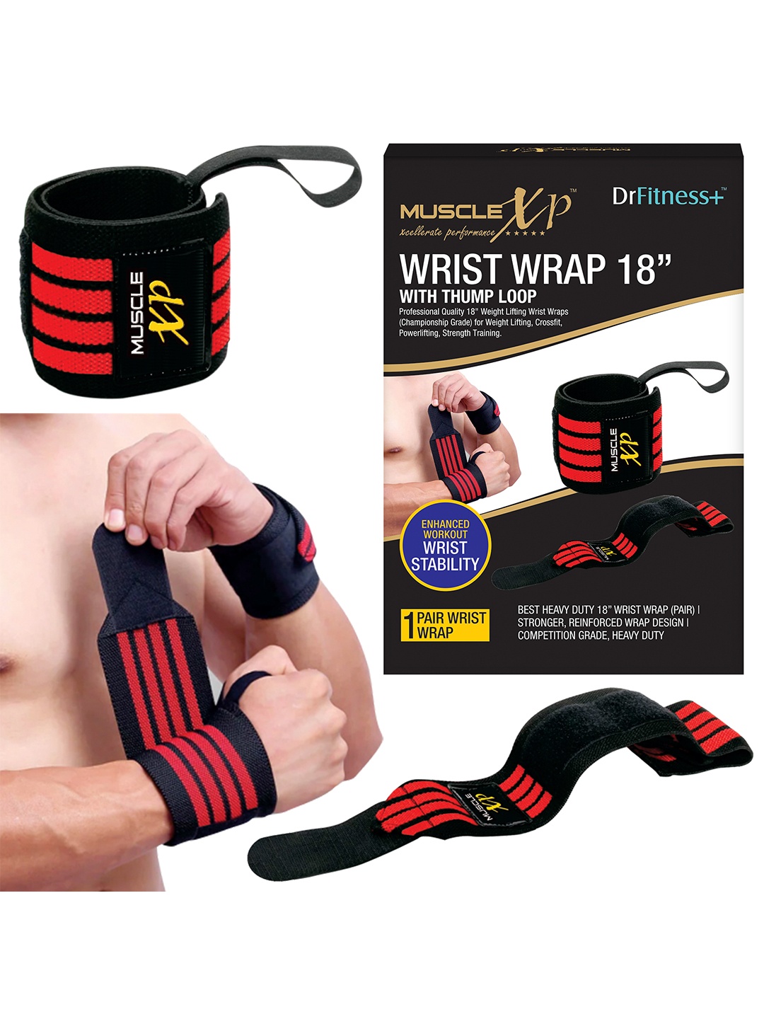 

MUSCLEXP Black & Red Solid Wrist Band With Thumb Loop Support