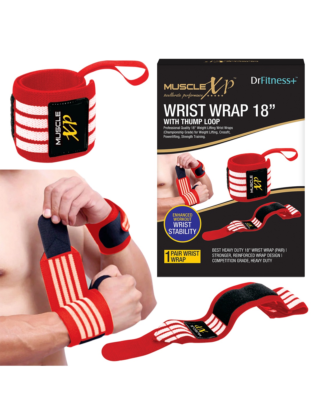 

MUSCLEXP Red & White Striped DrFitness Wrist Wrap