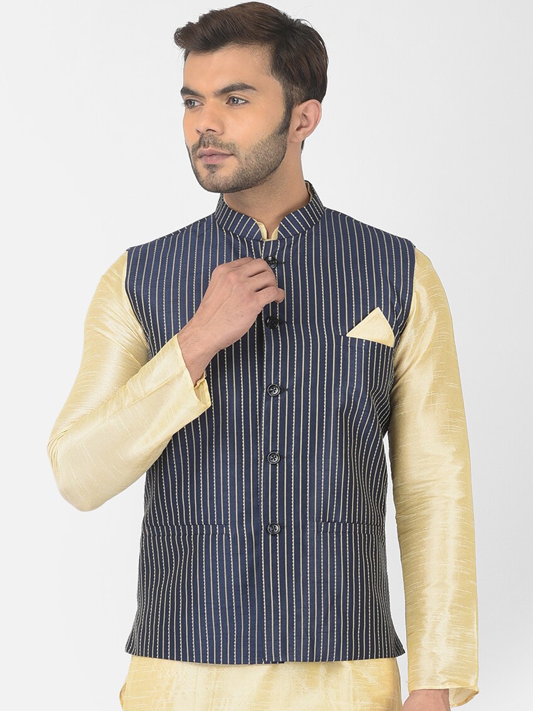 

DEYANN Men Navy Blue Striped Woven Design Nehru Jacket