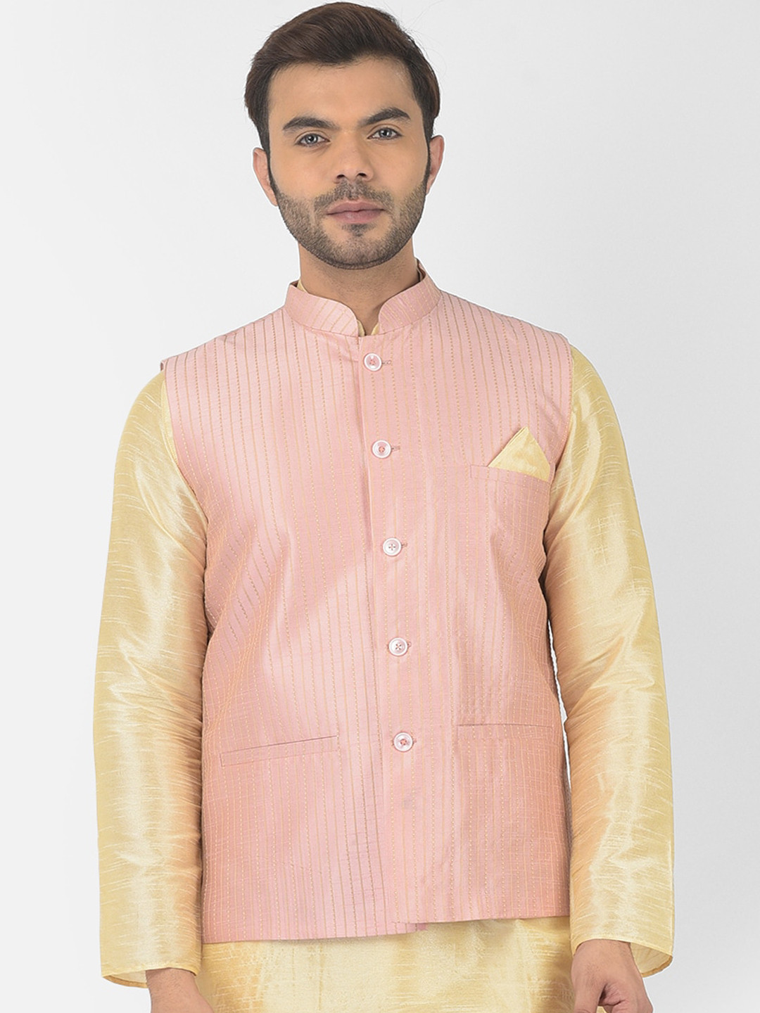 

DEYANN Men Pink Jacquard Silk Woven Design Nehru Jacket