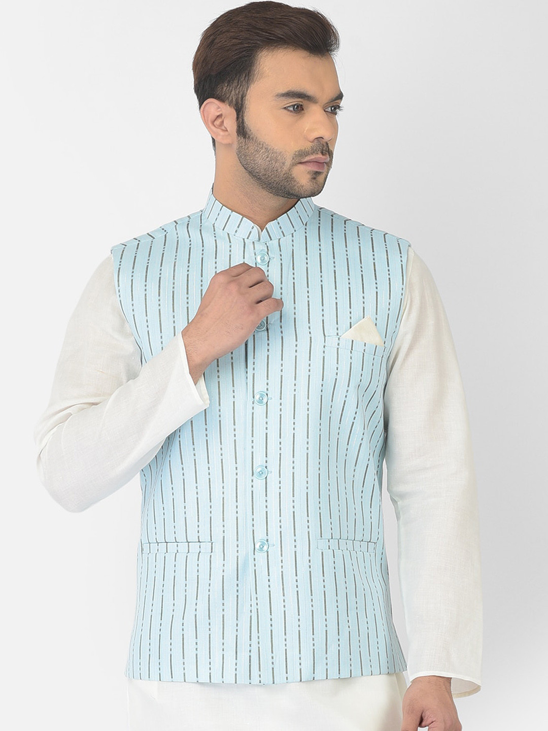 

DEYANN Men Blue Striped Cotton Nehru Jacket