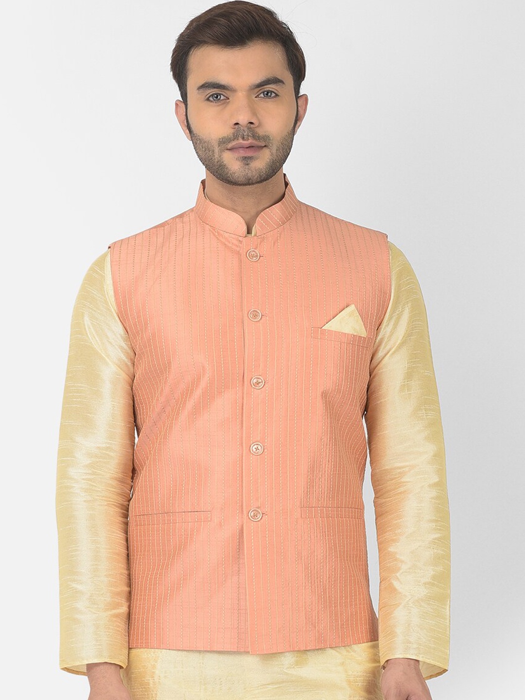 

DEYANN Men Peach-Coloured Woven Nehru Jacket