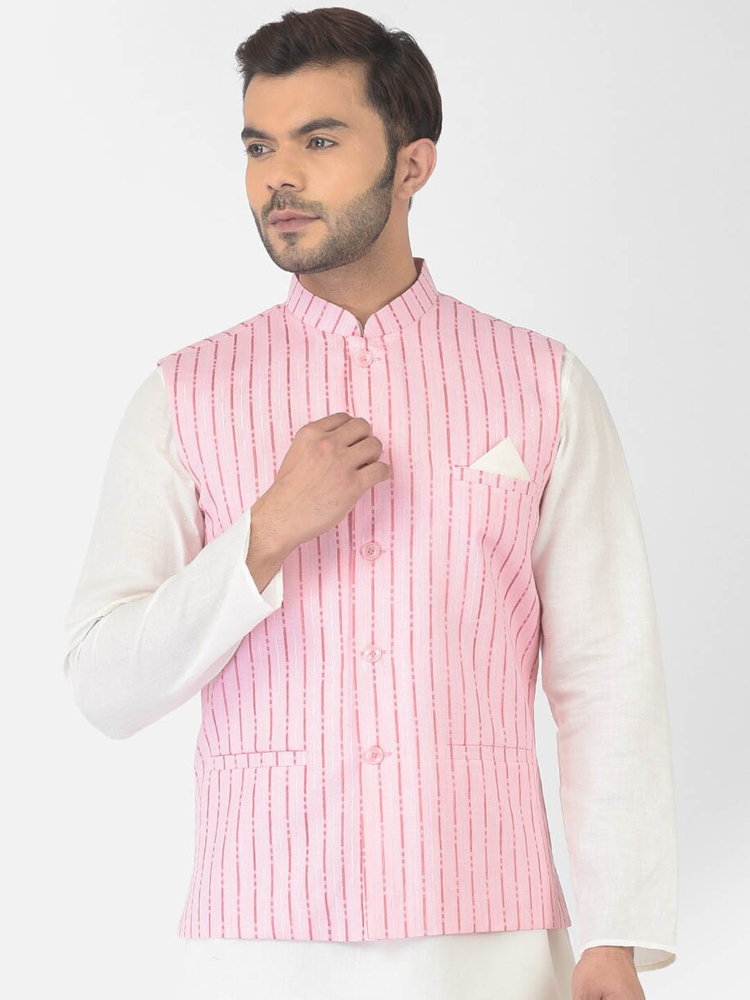 

DEYANN Men Pink & White Printed Pure Cotton Nehru Jacket