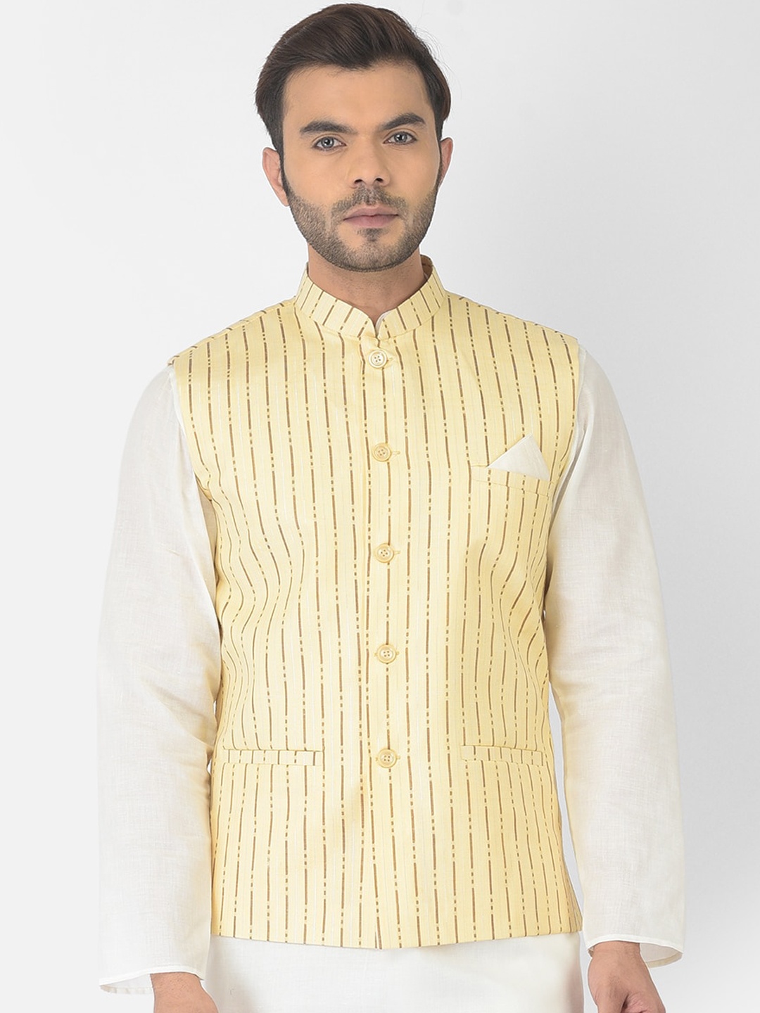 

DEYANN Men Yellow Striped Pure Cotton Nehru Jackets