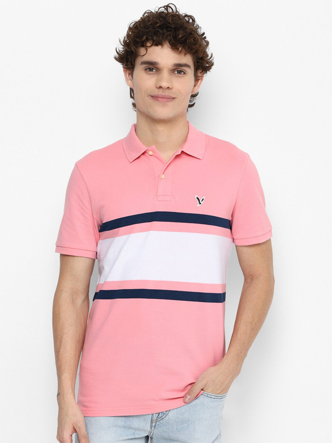 

AMERICAN EAGLE OUTFITTERS Men Pink & light pink Striped Polo Collar Applique T-shirt