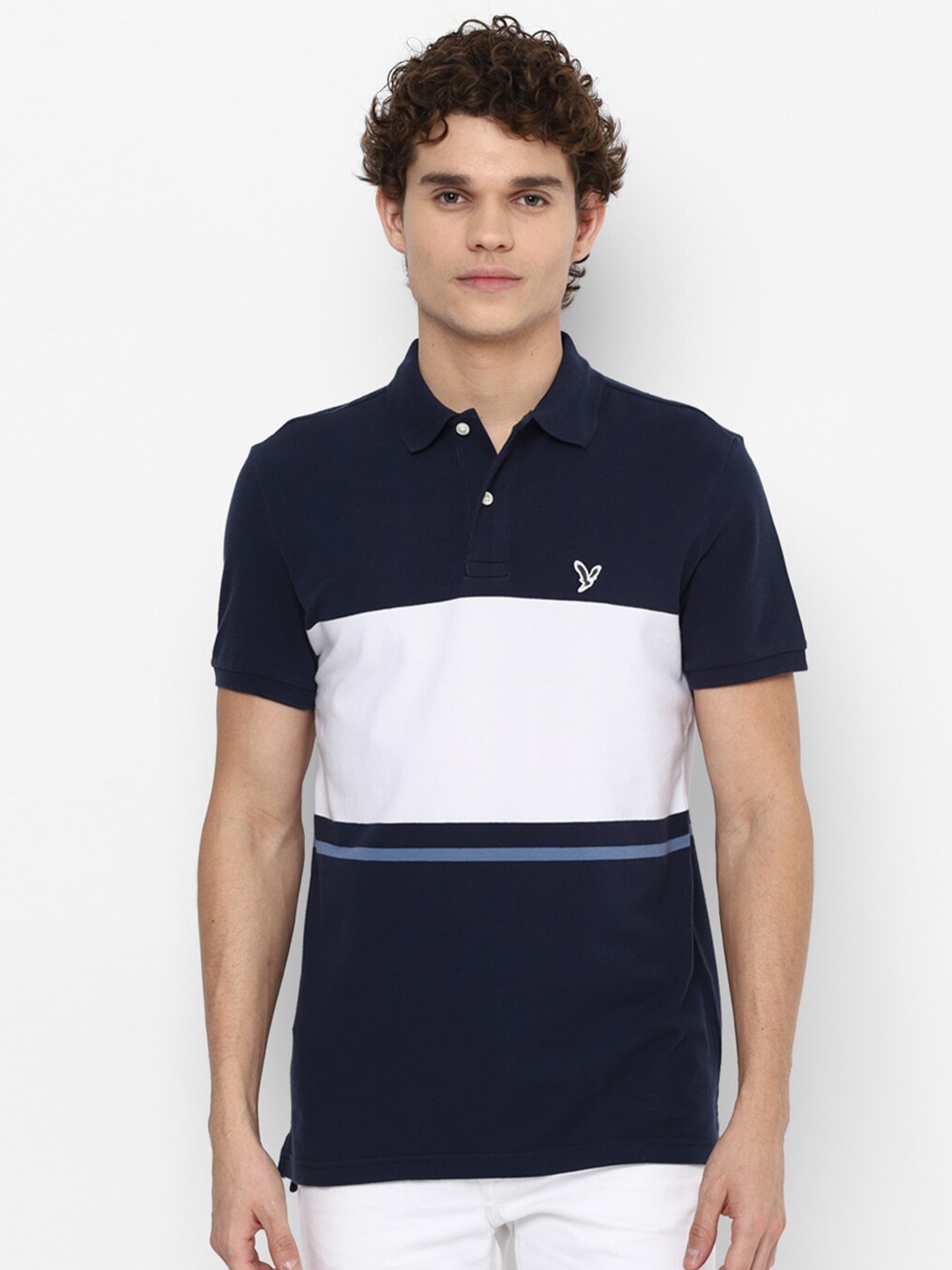 

AMERICAN EAGLE OUTFITTERS Men Blue Colourblocked Polo Collar Applique T-shirt