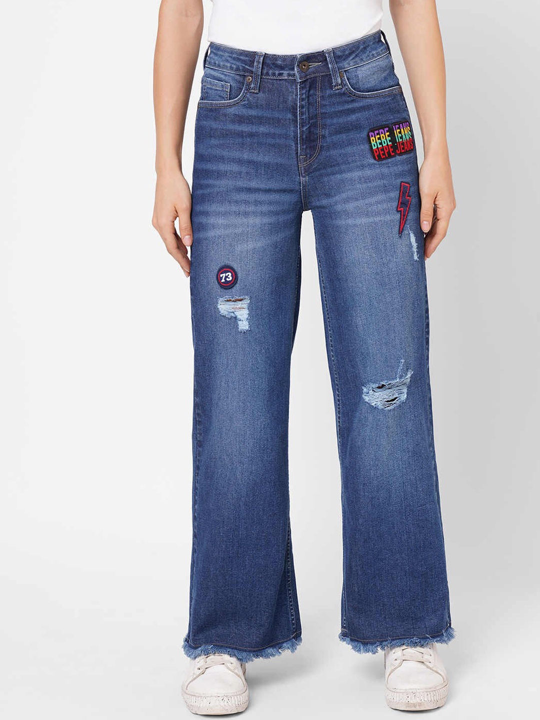 

Pepe Jeans Women Blue Jogger High-Rise Low Distress Light Fade Jeans