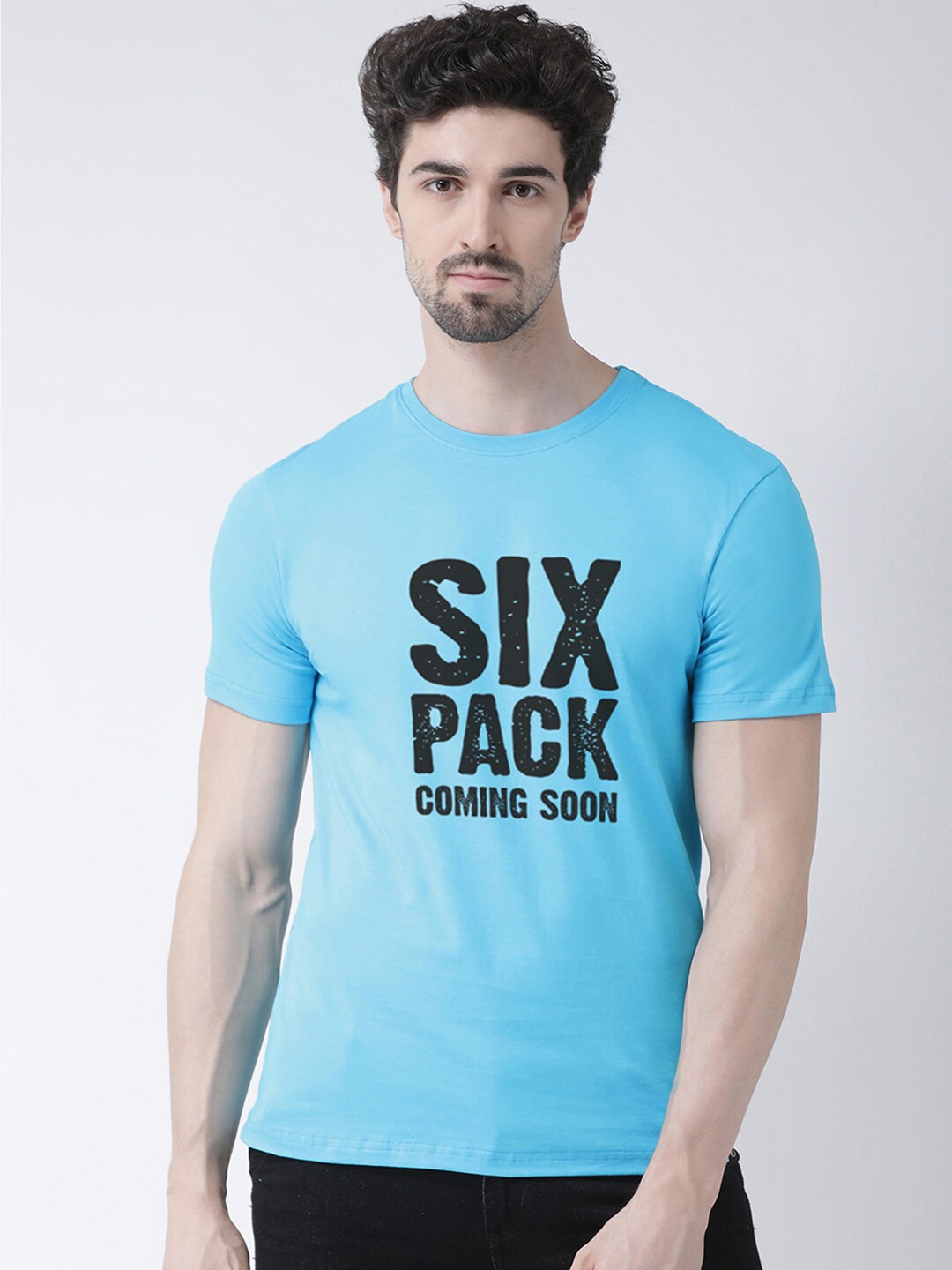 

Friskers Men Turquoise Blue Typography Printed Applique T-shirt