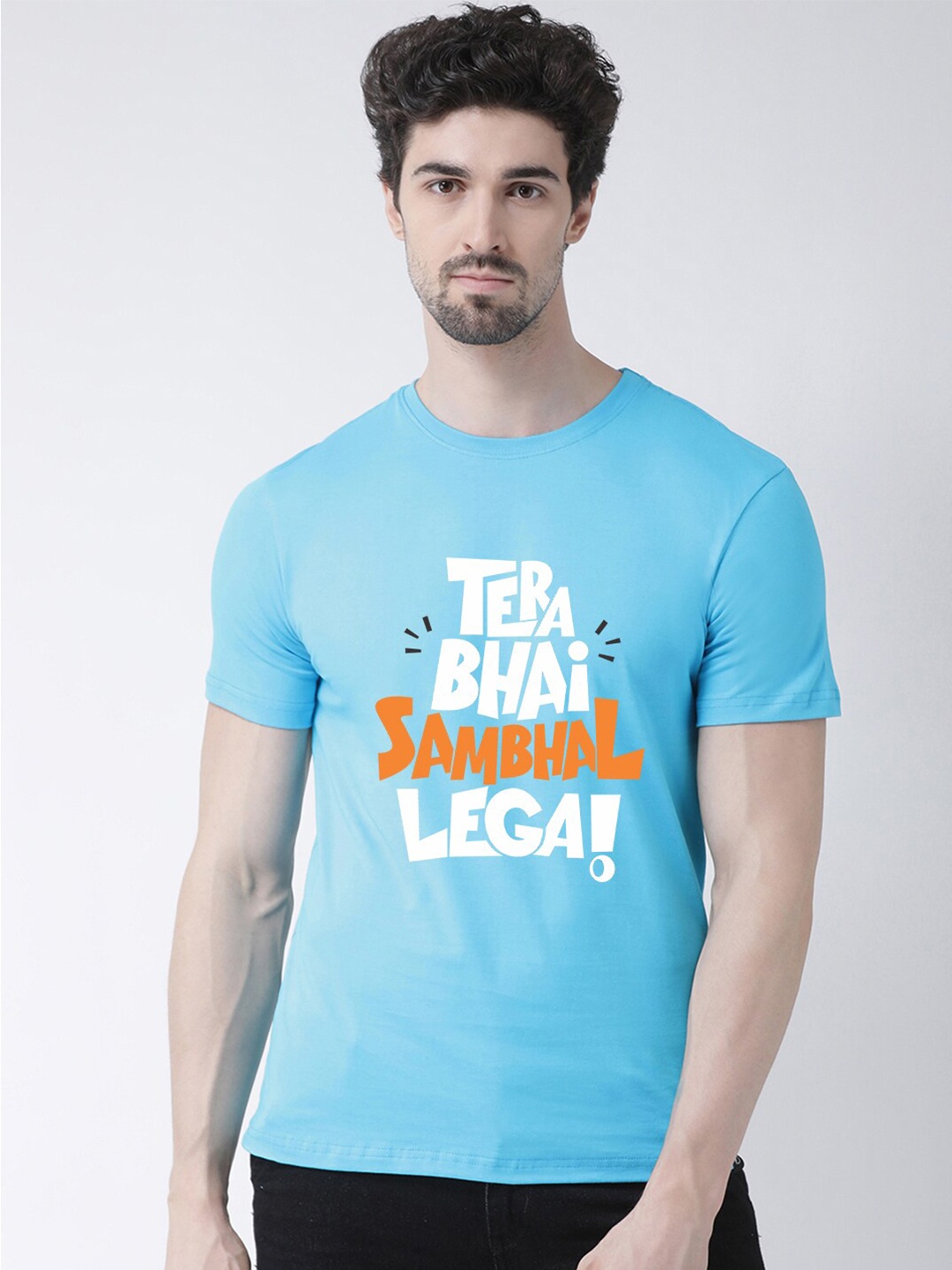 

Friskers Men Turquoise Blue Typography Printed Tropical Applique T-shirt