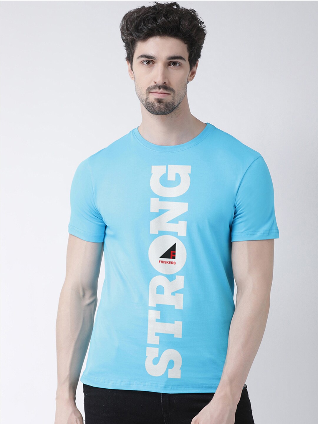 

Friskers Men Turquoise Blue Typography Printed Raw Edge T-shirt