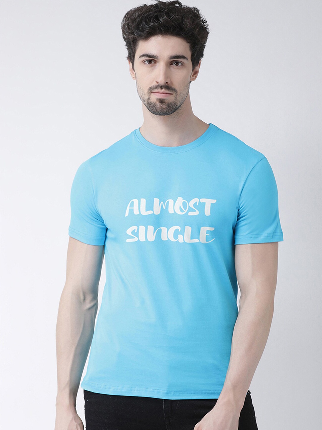 

Friskers Men Turquoise Blue Typography Applique T-shirt