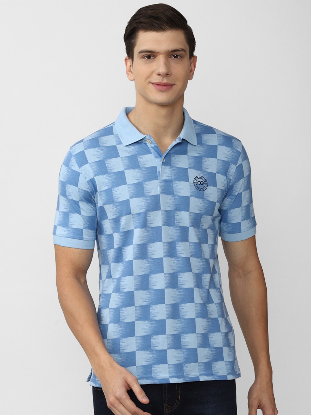 

Peter England Casuals Men Blue Checked Polo Collar Applique T-shirt