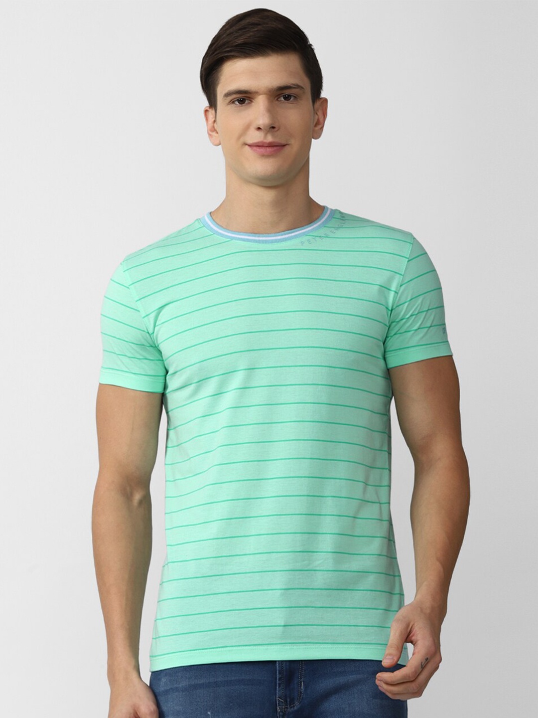 

Peter England Casuals Men Green Striped Slim Fit T-shirt