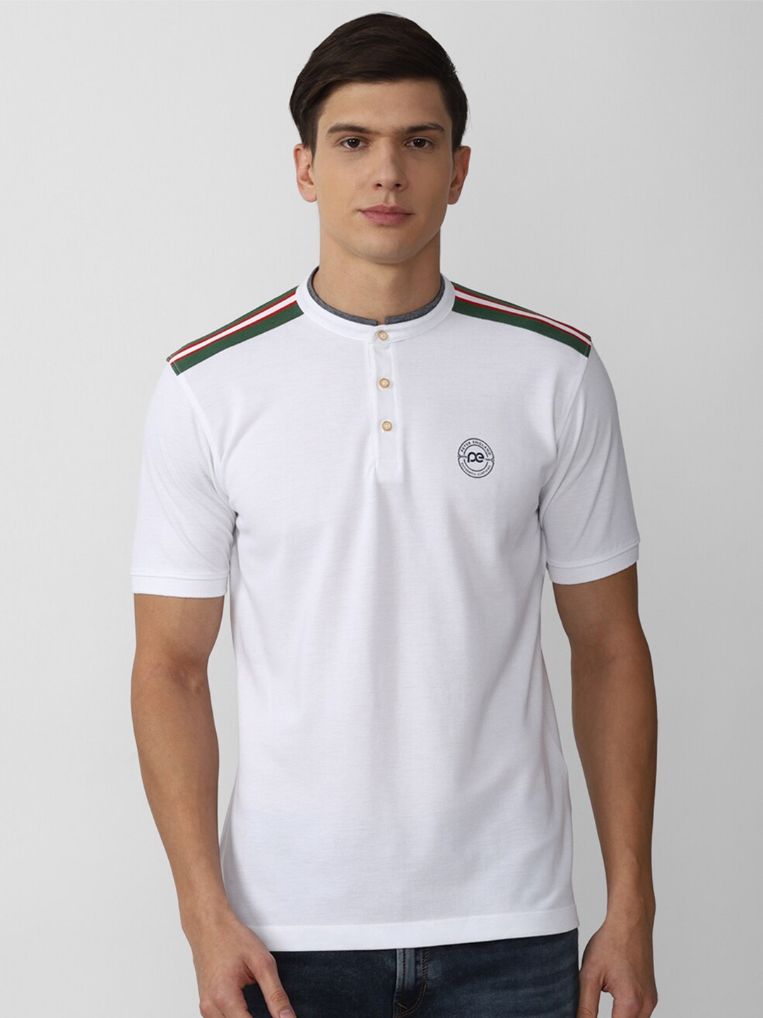 

Peter England Casuals Men White Mandarin Collar Applique T-shirt