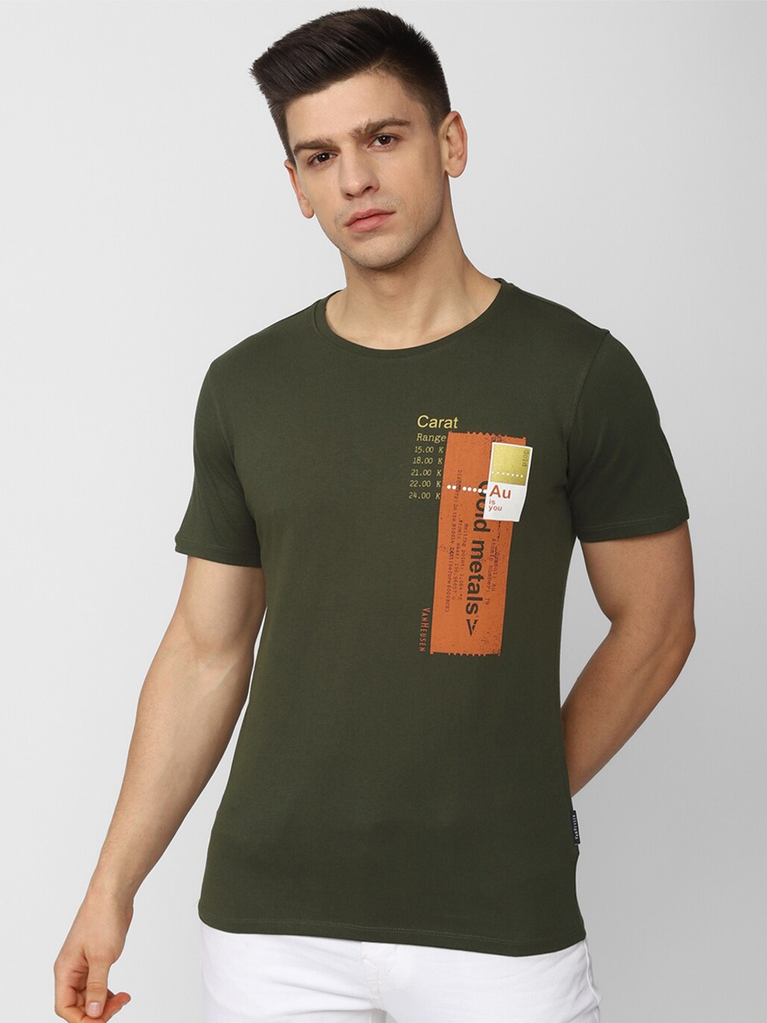 

V Dot Men Olive Green Typography Printed Applique Slim Fit T-shirt