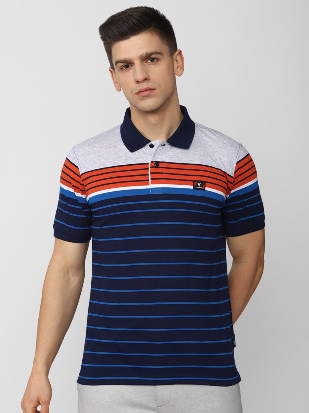 

Van Heusen Sport Men Navy Blue Striped Polo Collar Applique T-shirt