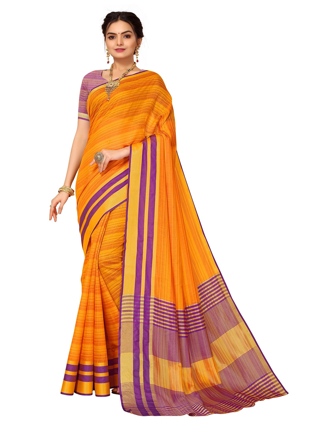 

Nimayaa Orange & Purple Striped Kanjeevaram Saree