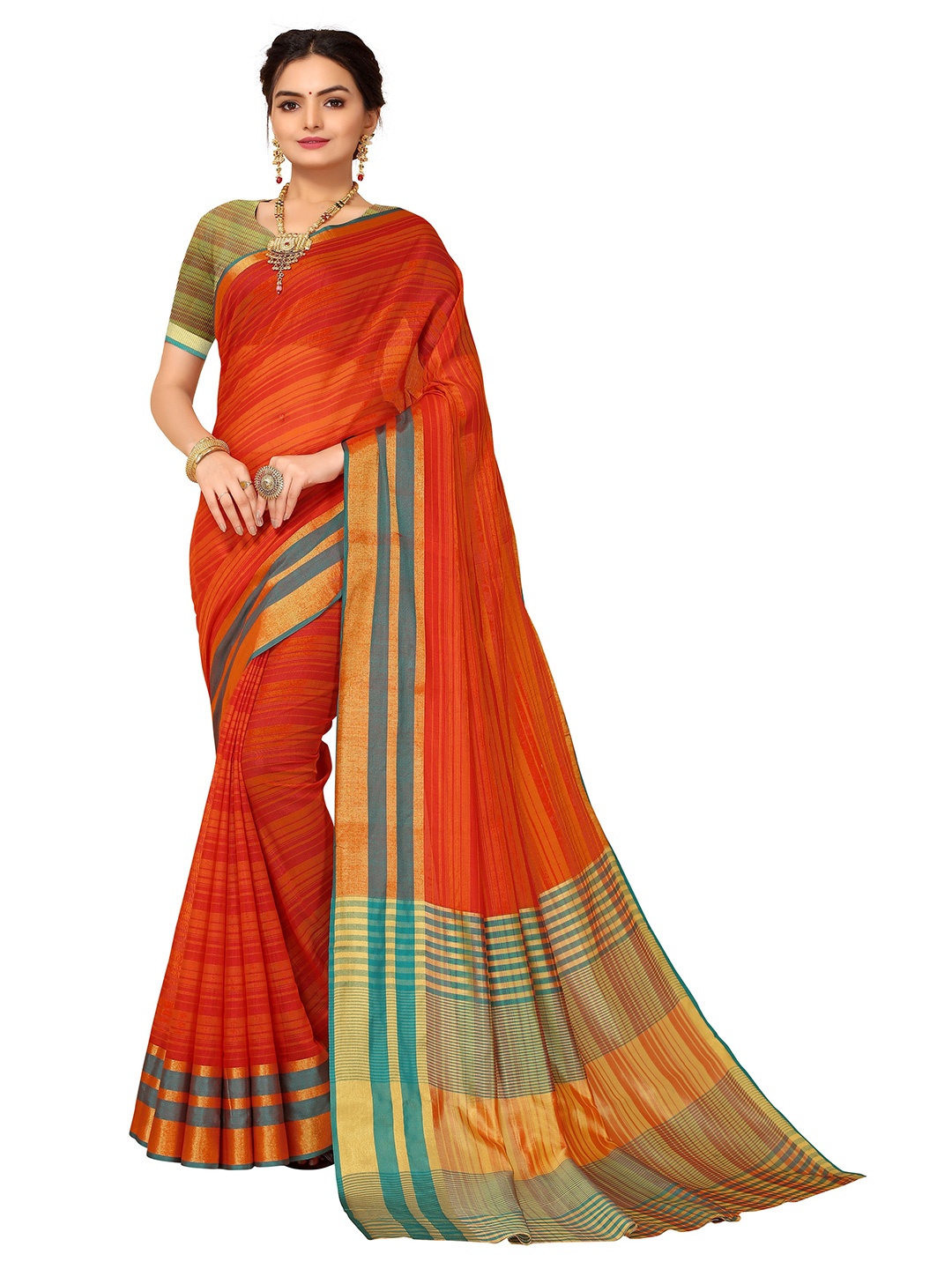 

Nimayaa Maroon & Green Striped Kanjeevaram Saree