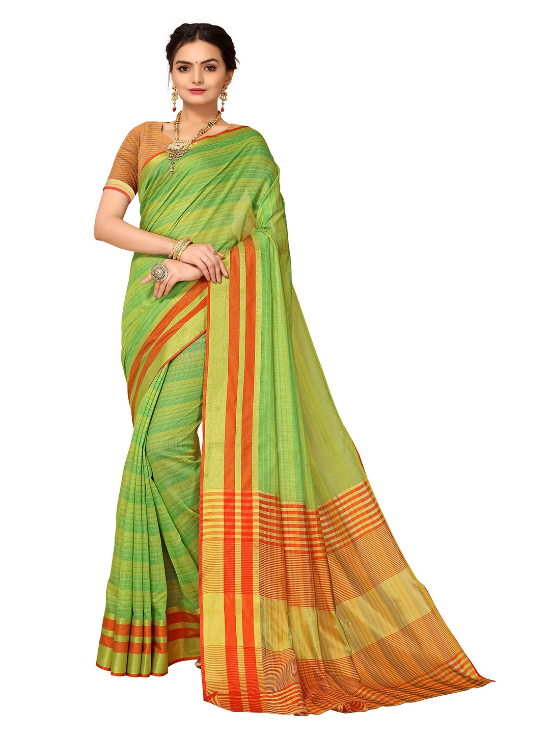 

Nimayaa Green & Red Striped Zari Kanjeevaram Saree