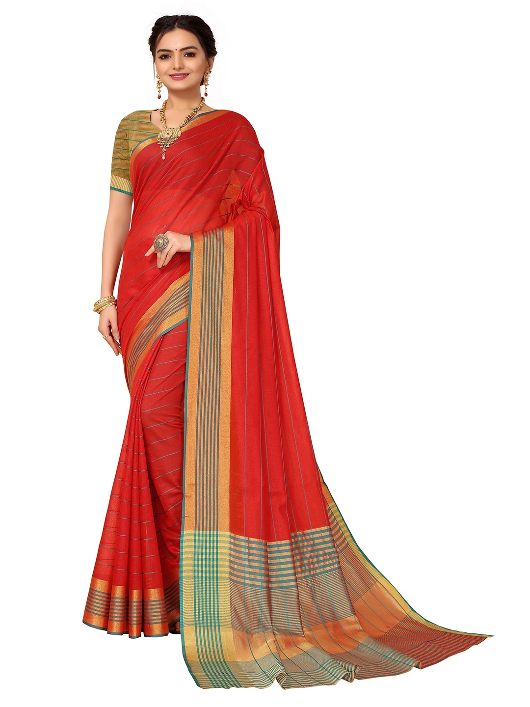 

Nimayaa Maroon & Green Striped Kanjeevaram Saree