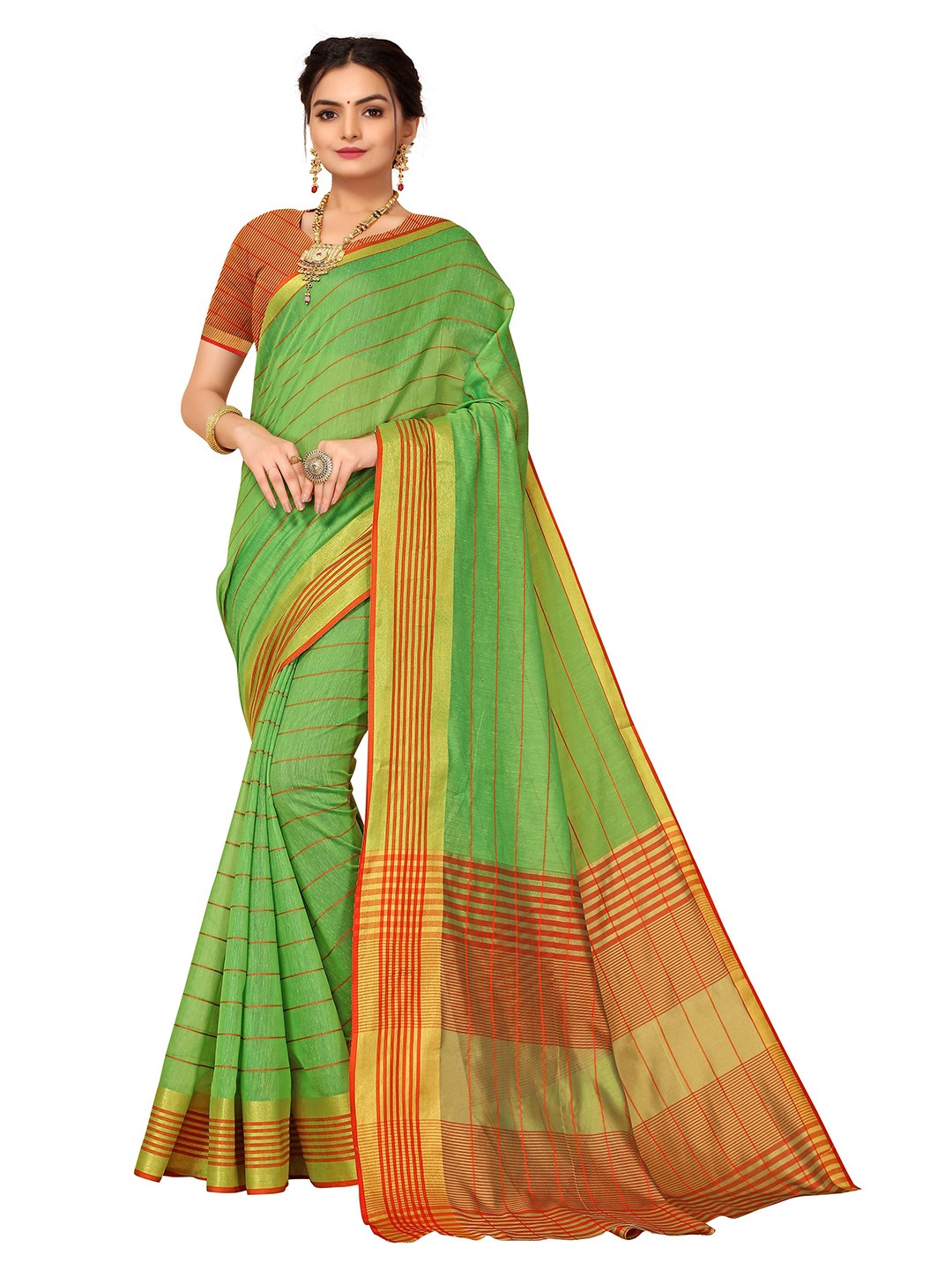 

Nimayaa Green & Orange Striped Kanjeevaram Saree