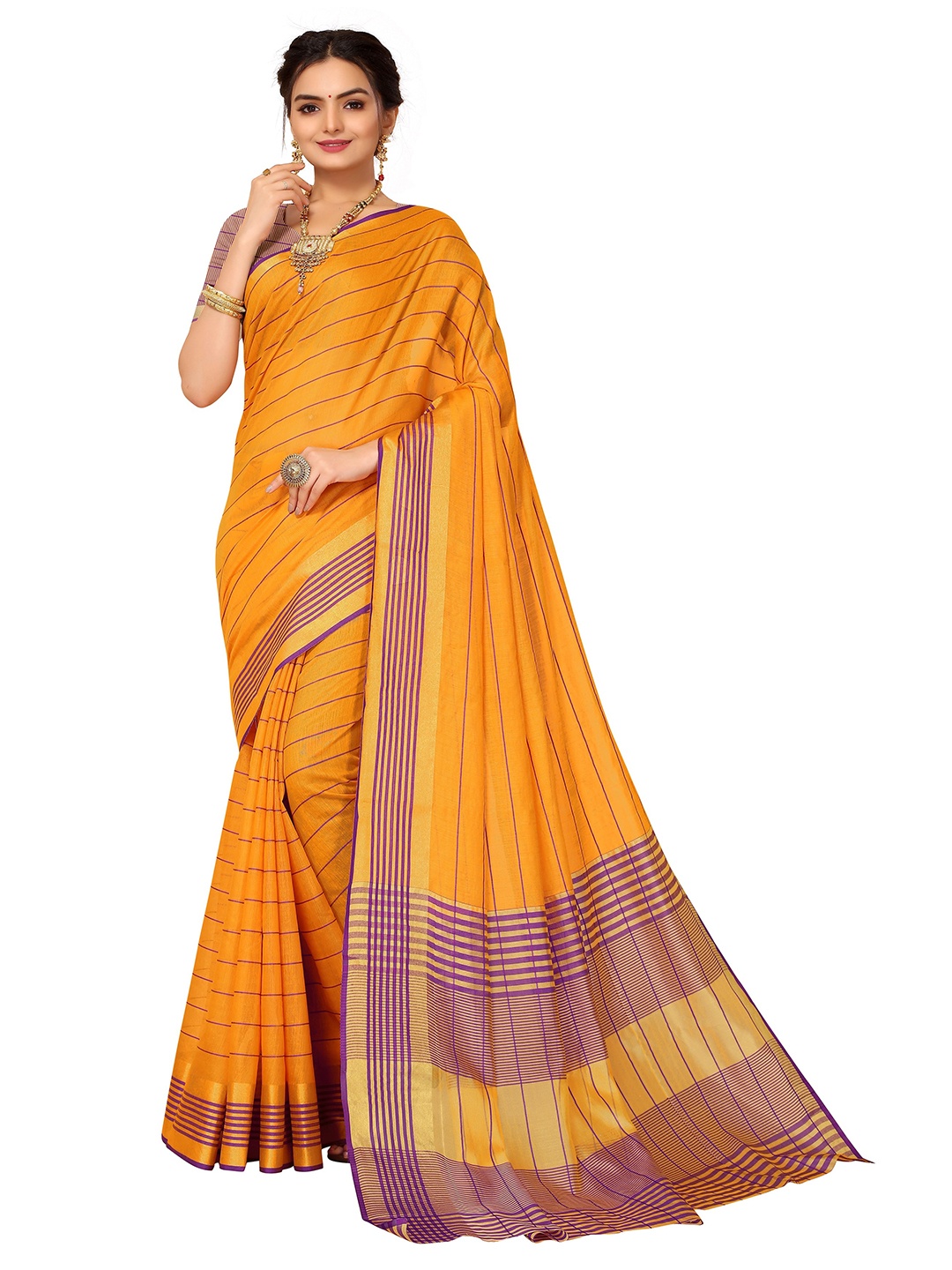 

Nimayaa Mustard & Purple Striped Kanjeevaram Saree