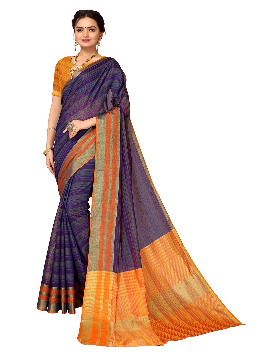 

Nimayaa Purple & Orange Striped Zari Kanjeevaram Saree