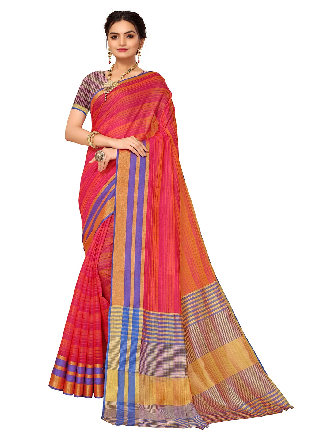 

Nimayaa Pink & Blue Striped Kanjeevaram Saree