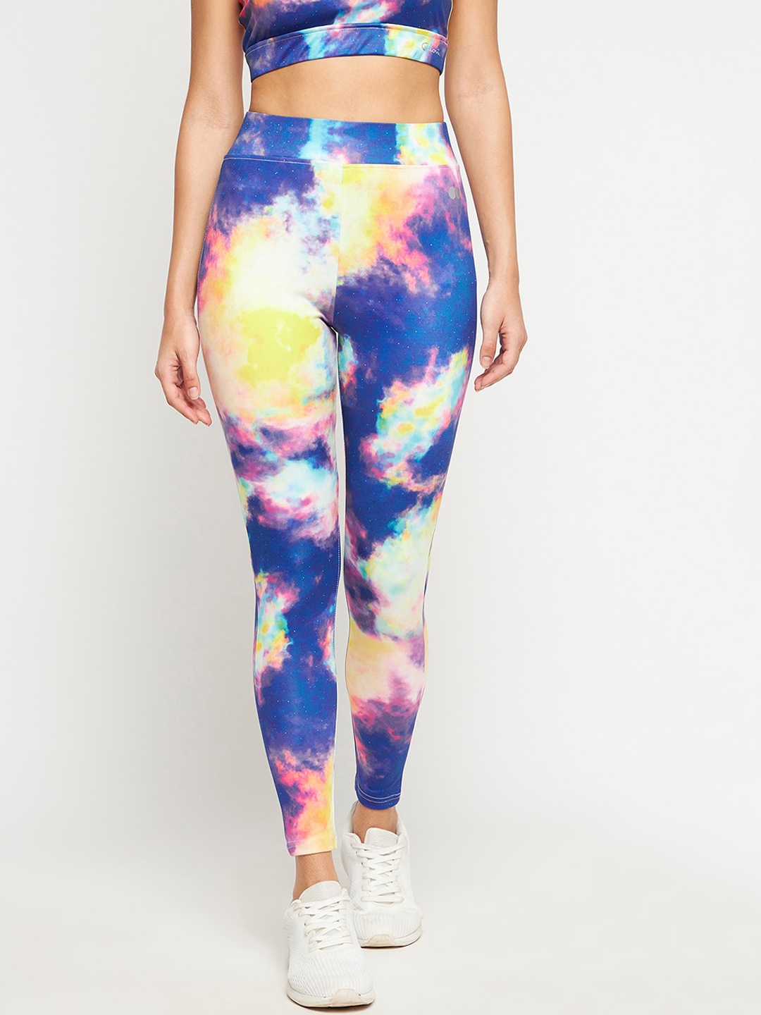 

Clovia Snug Fit Ankle-Length High-Rise Marble Print Active Tights, Blue
