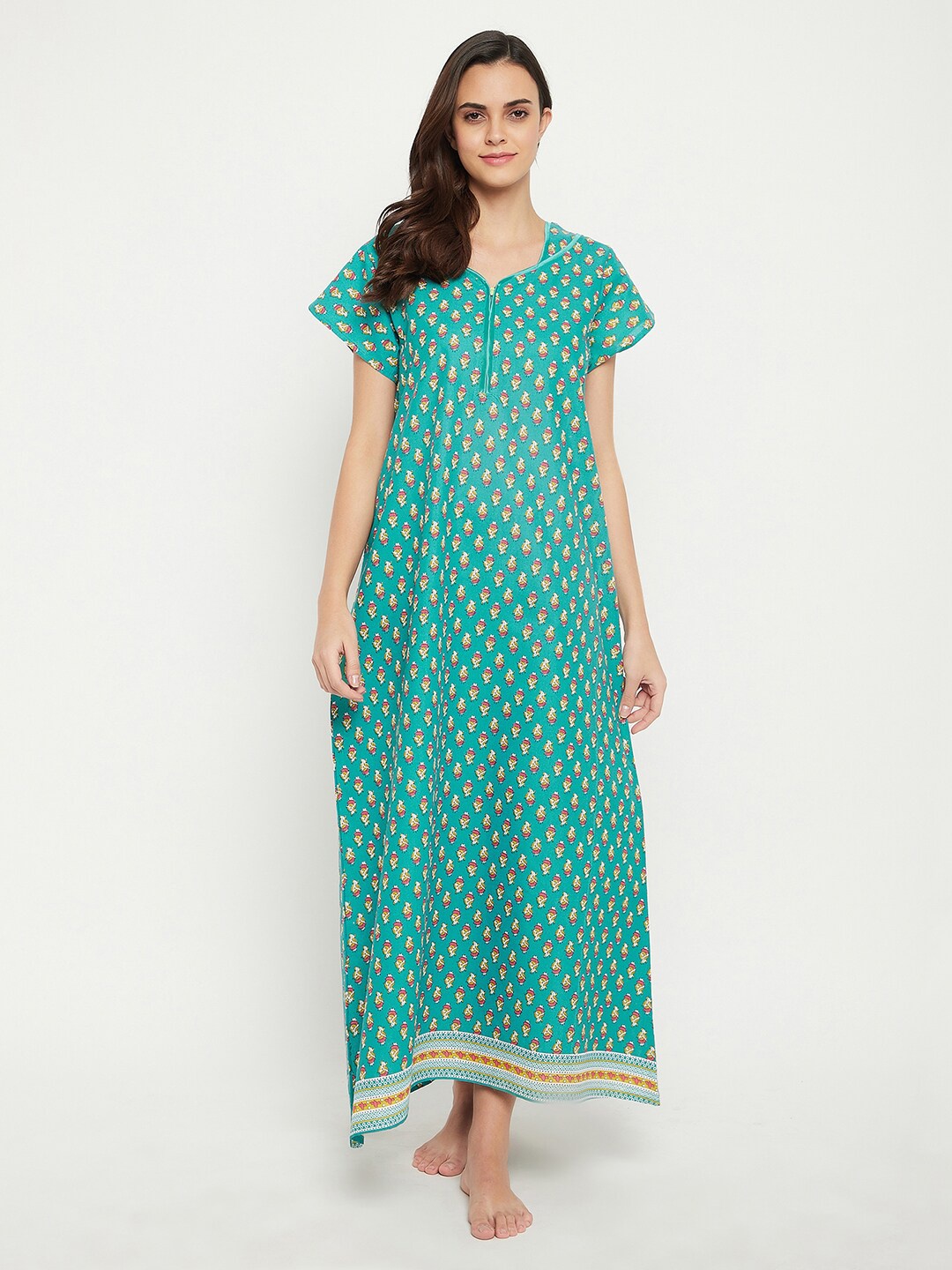 

Clovia Teal Printed Maxi Nightdress